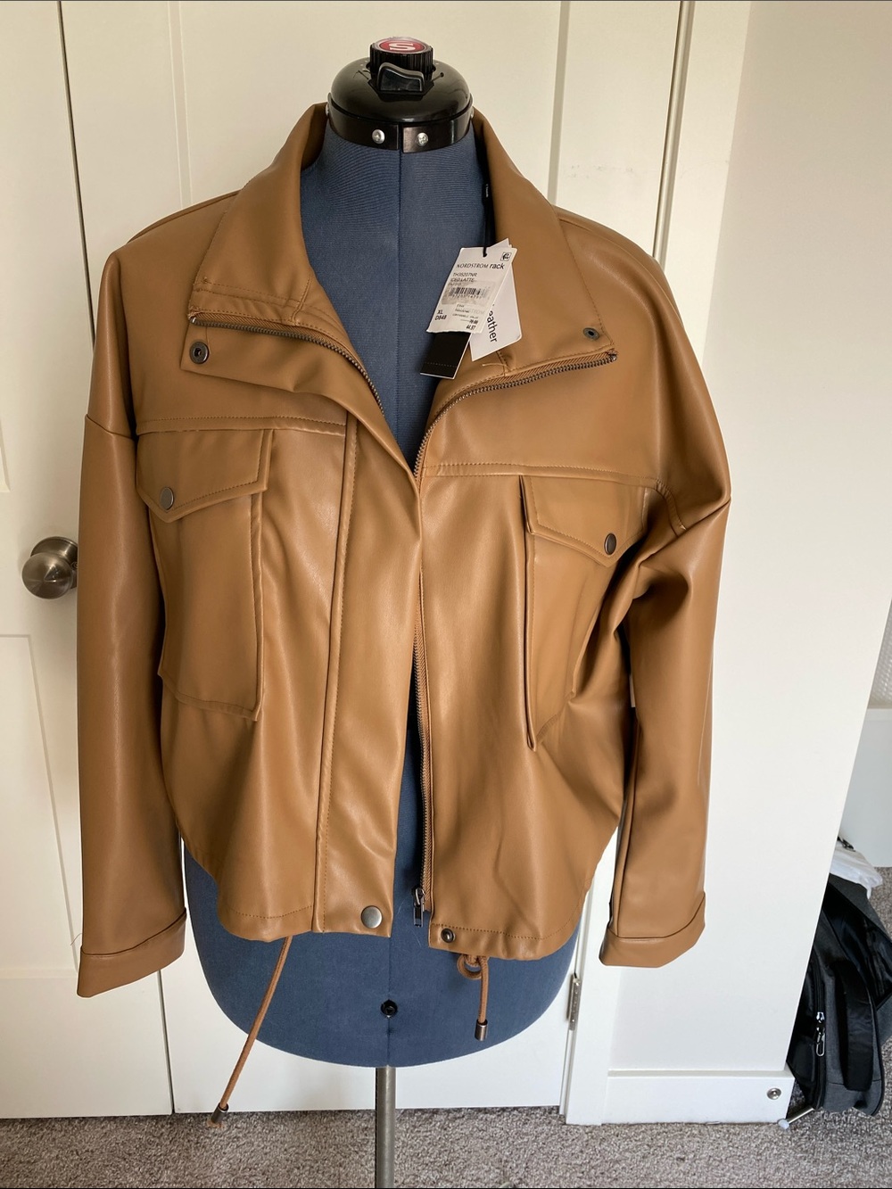 Tahari Camel Brown Faux Leather Utility Jacket